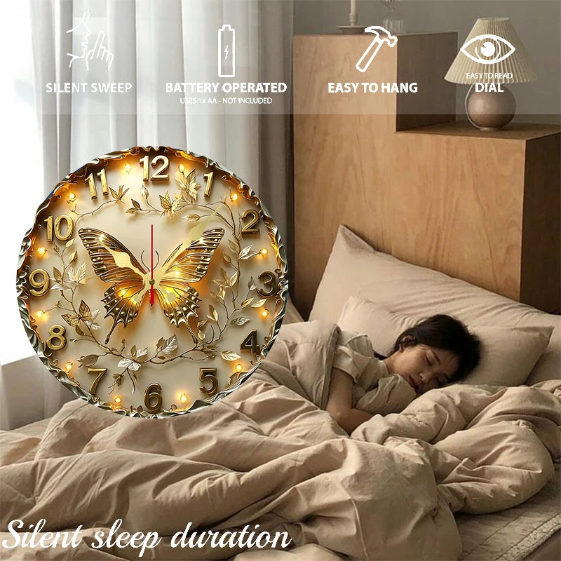 Horloge Mural Ronde Bois Papillon Doré Silencieuse Déco
