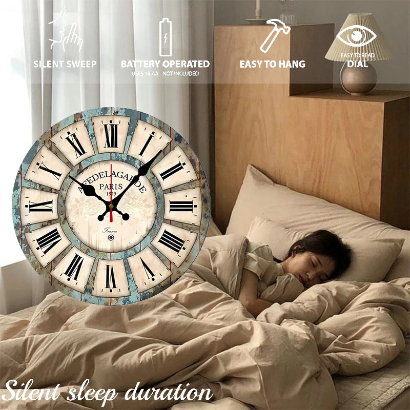 Horloge Mural Bois Ronde Chiffres Romains Silencieuse Maison