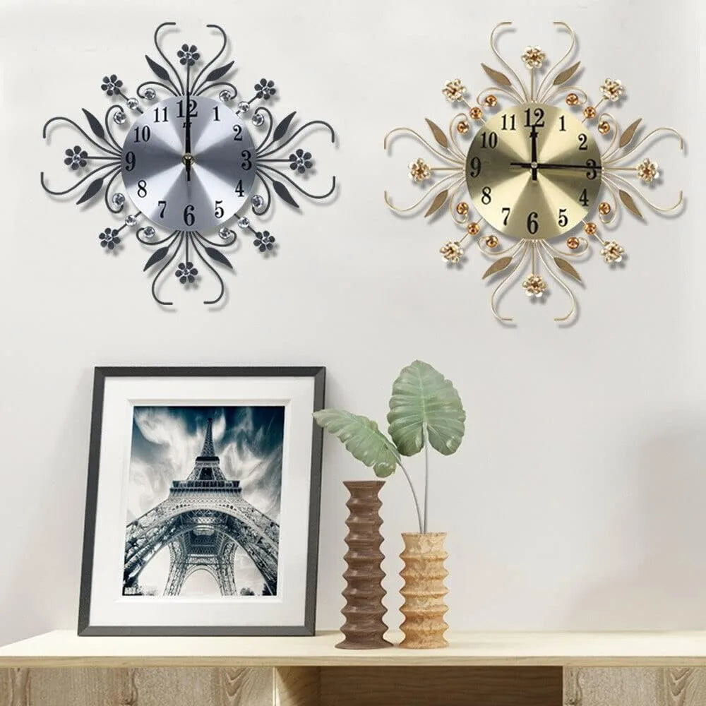 Horloge Mural 3D Fleur Diamant Or Métal Moderne