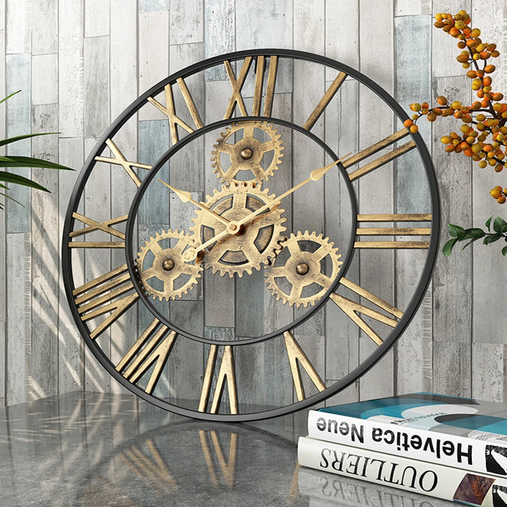 Horloge Mural Industrielle Rétro 3D Chiffres Romains Silencieuse