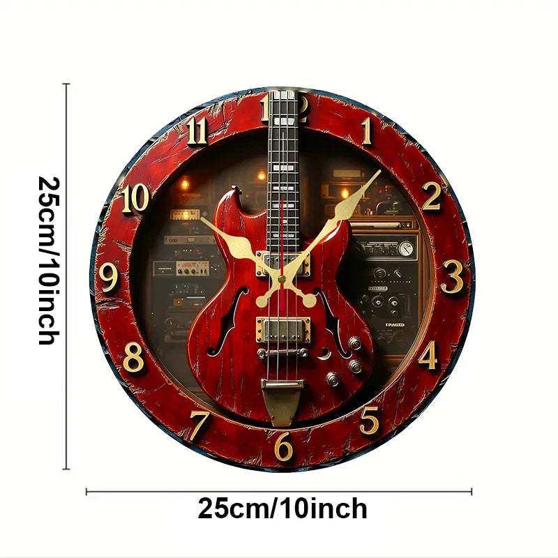 Horloge Mural Guitare Vintage Bois Créative Silencieuse Décor.