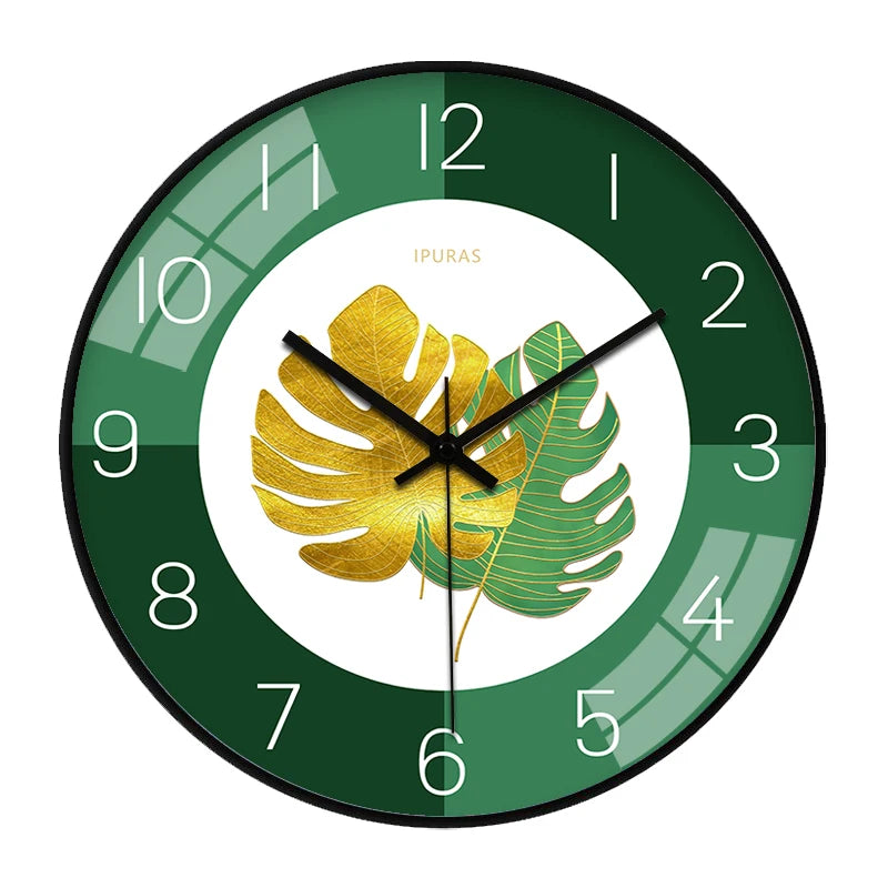 Horloge Mural Feuilles Vertes Moderne Silencieuse Salon Chambre