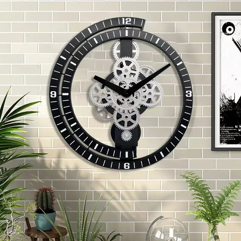 Horloge Mural Engrenages Rotatifs Silencieuse Design Industriel