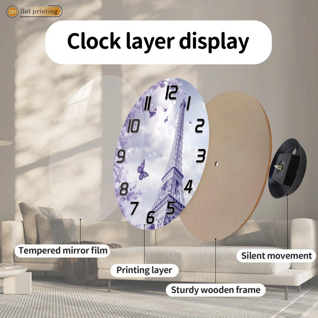 Horloge Murale Tour Eiffel Fleurs Violettes Parisienne Romantique.