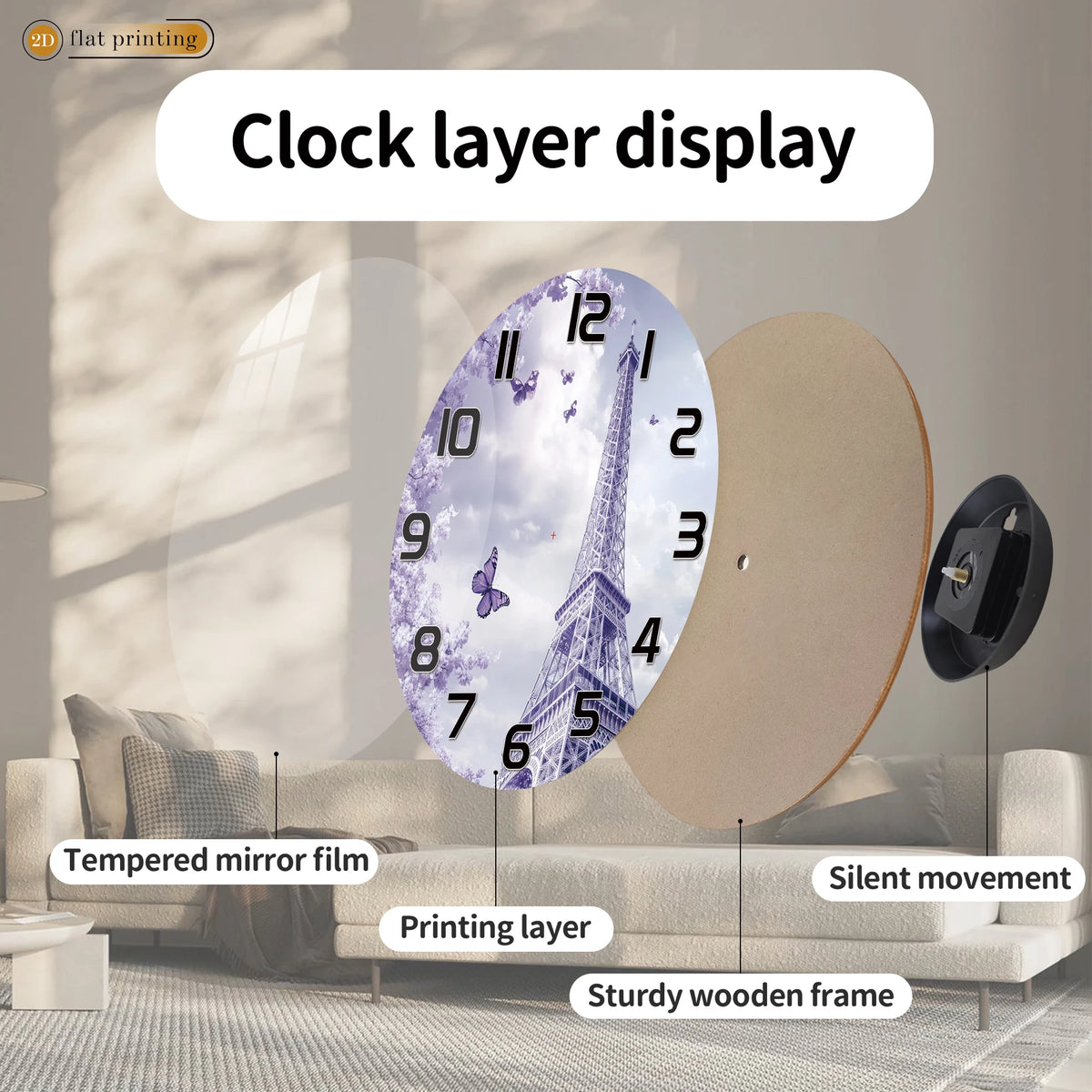 Horloge Murale Tour Eiffel Fleurs Violettes Parisienne Romantique.