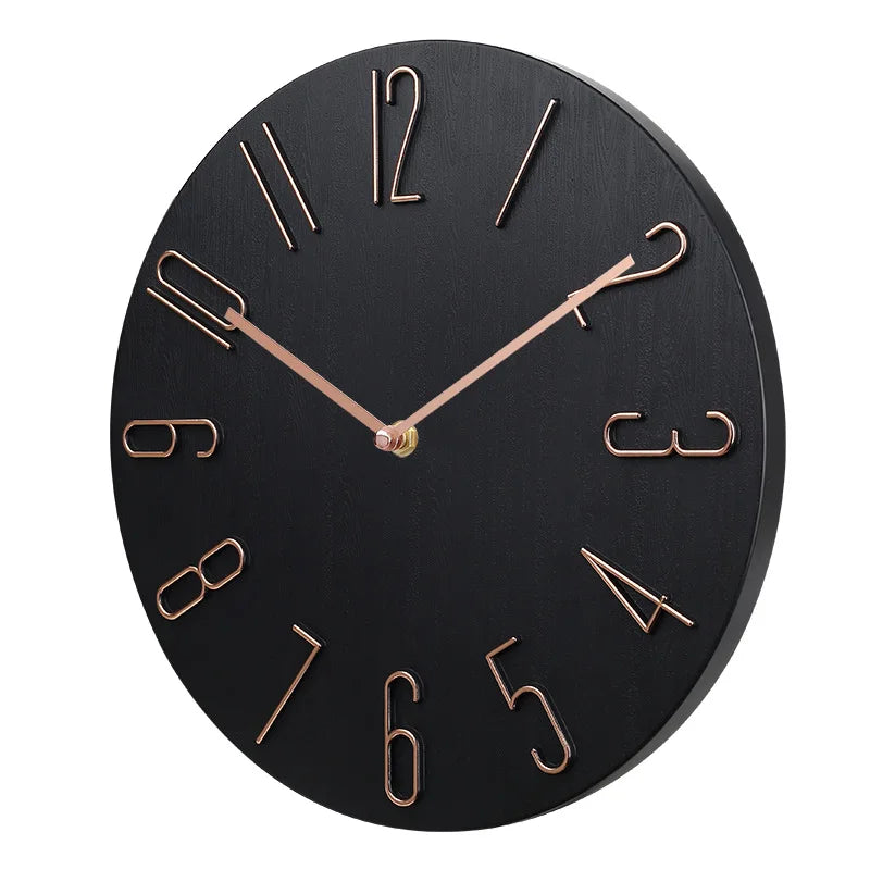 Horloge Murale Noire Silencieuse Minimaliste Chiffres Or Rose