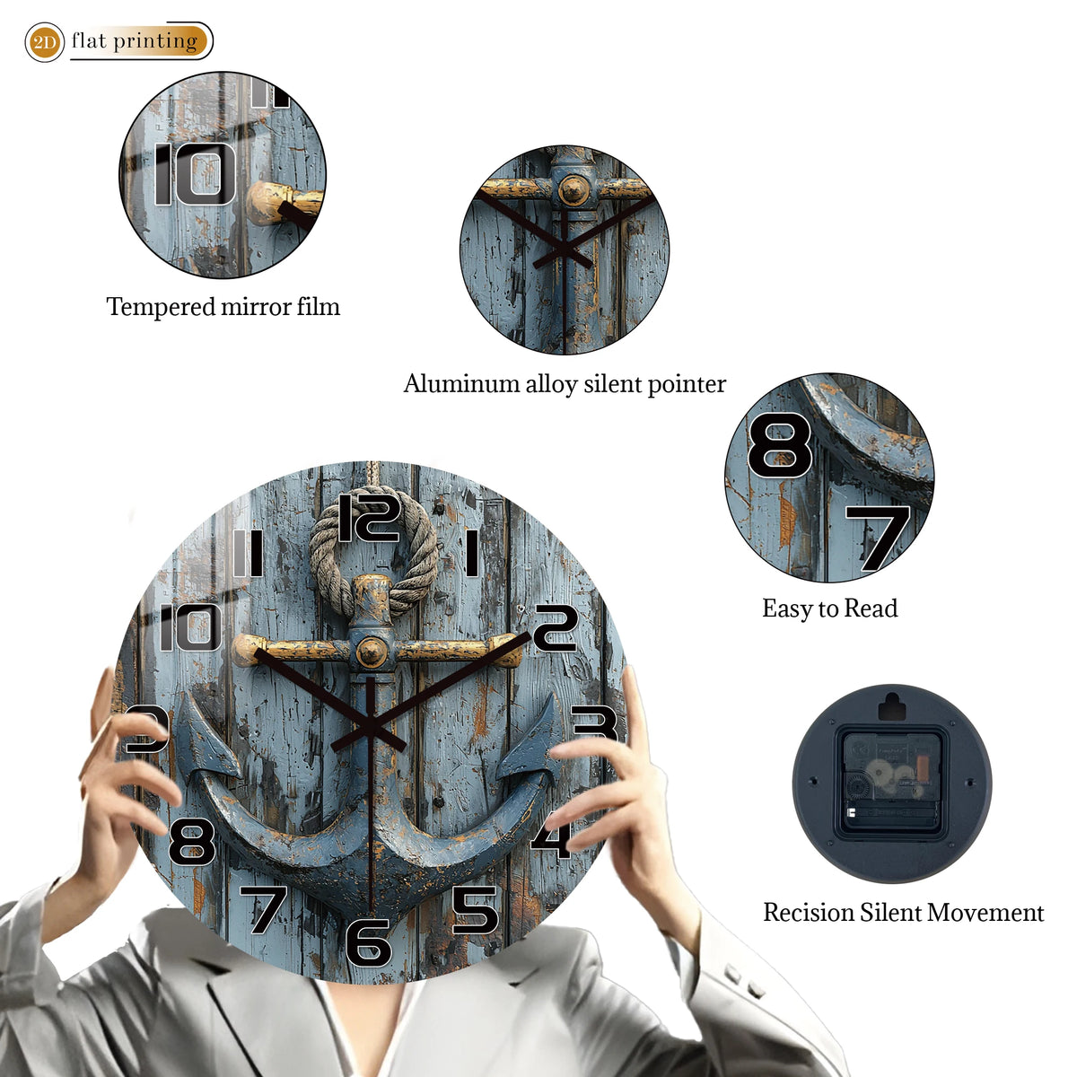 Horloge Mural Ancre Nautique Bois Rustique Décoration Marine