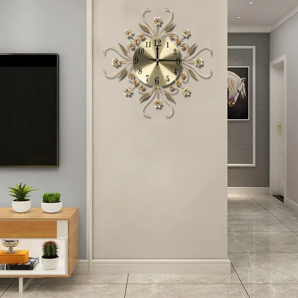 Horloge Mural 3D Fleur Diamant Or Métal Moderne
