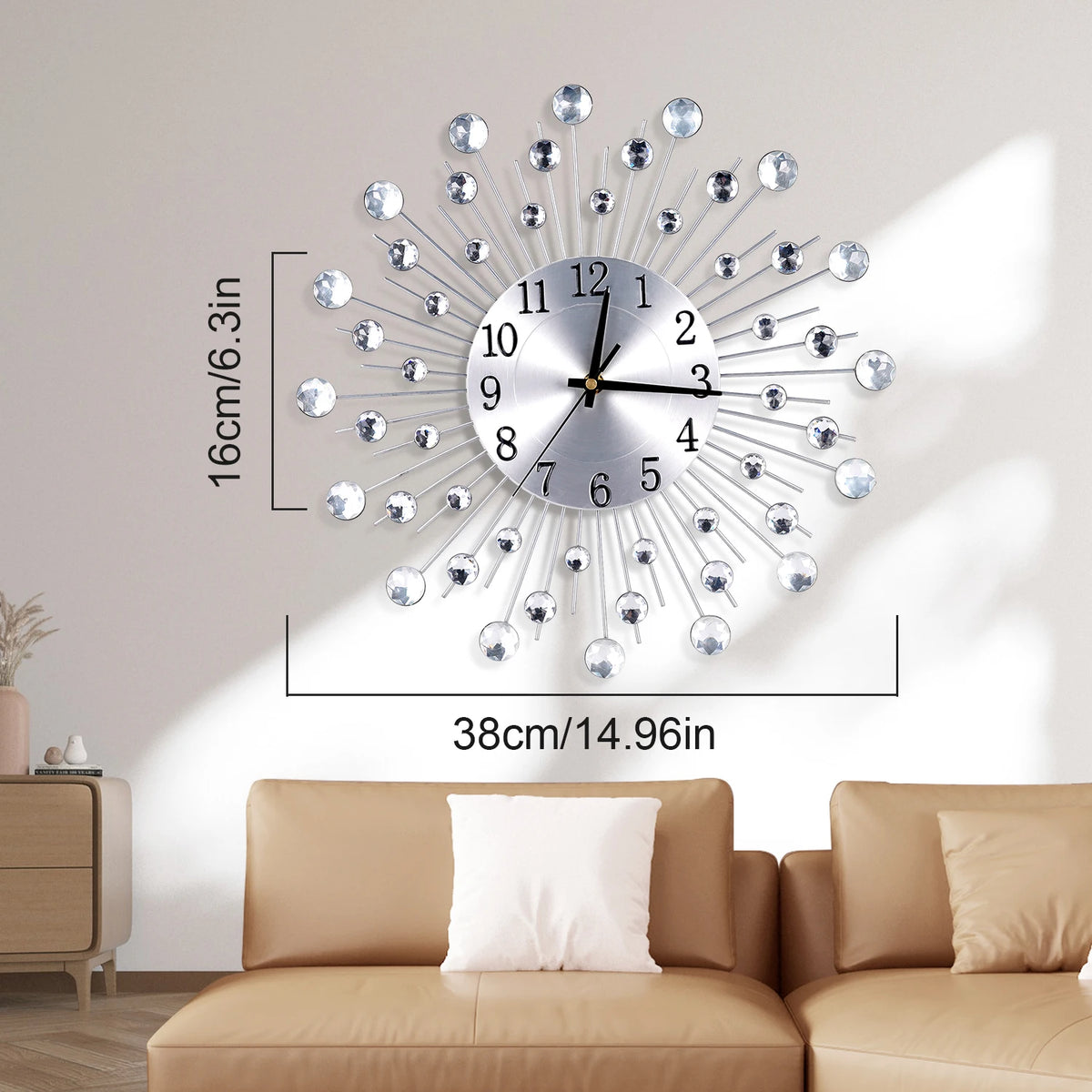 Horloge Murale Argentée Solaire Diamant Déco Européenne