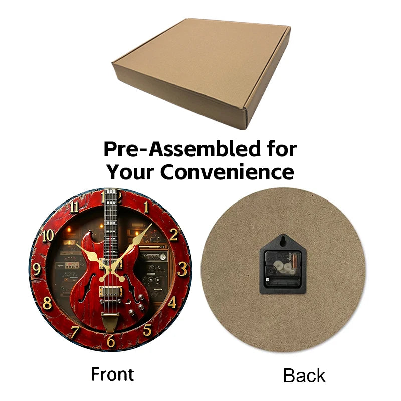 Horloge Mural Guitare Vintage Bois Créative Silencieuse Décor.