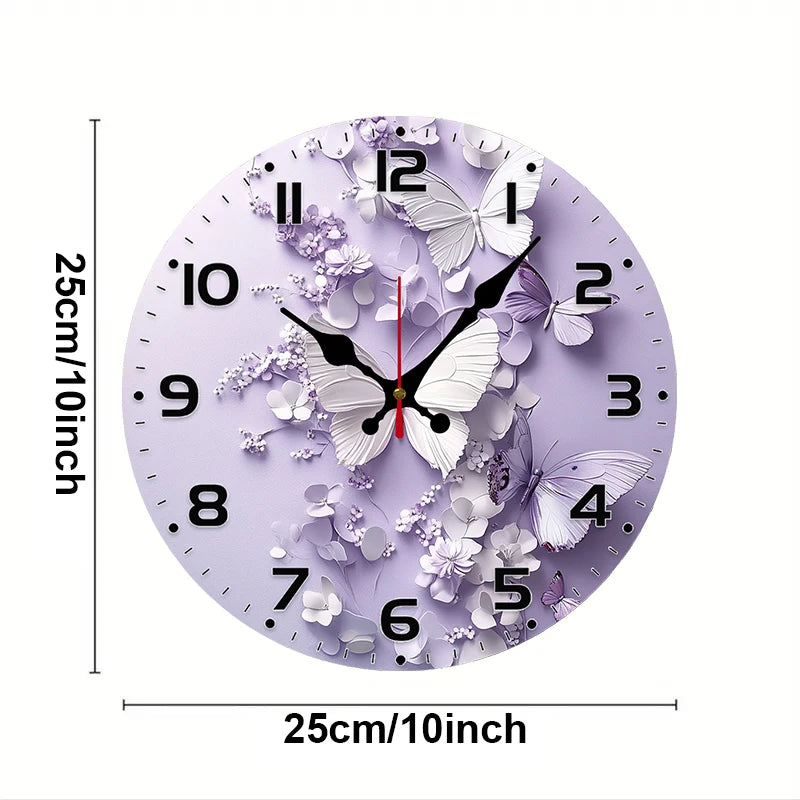 Horloge Mural Bois Ronde Silencieuse Papillons Violets