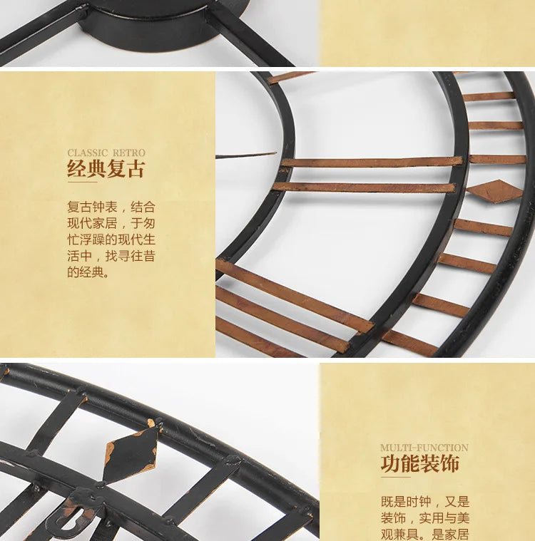 Horloge Murale Géante Métal Chiffres Romains Rétro