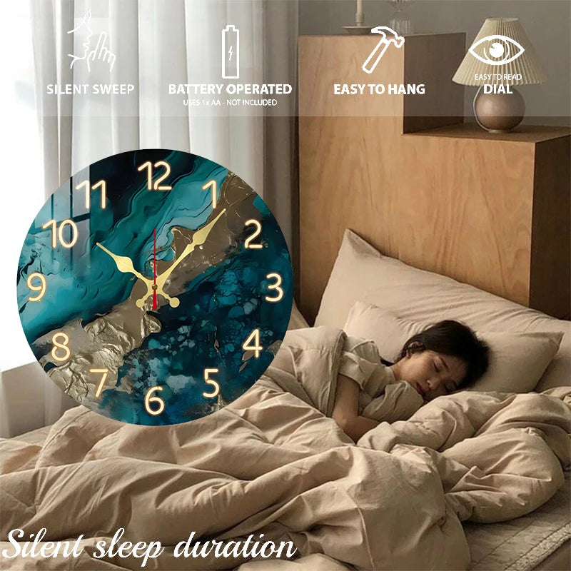Horloge Murale Ronde Silencieuse Marbre Vert Bois Design