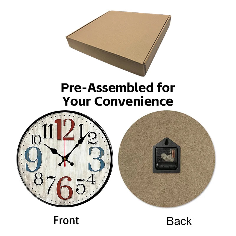 Horloge Mural Vintage Rustique Bois Silencieuse Ronde