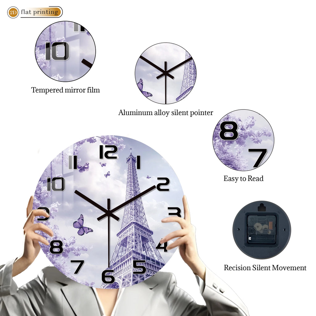 Horloge Murale Tour Eiffel Fleurs Violettes Parisienne Romantique.