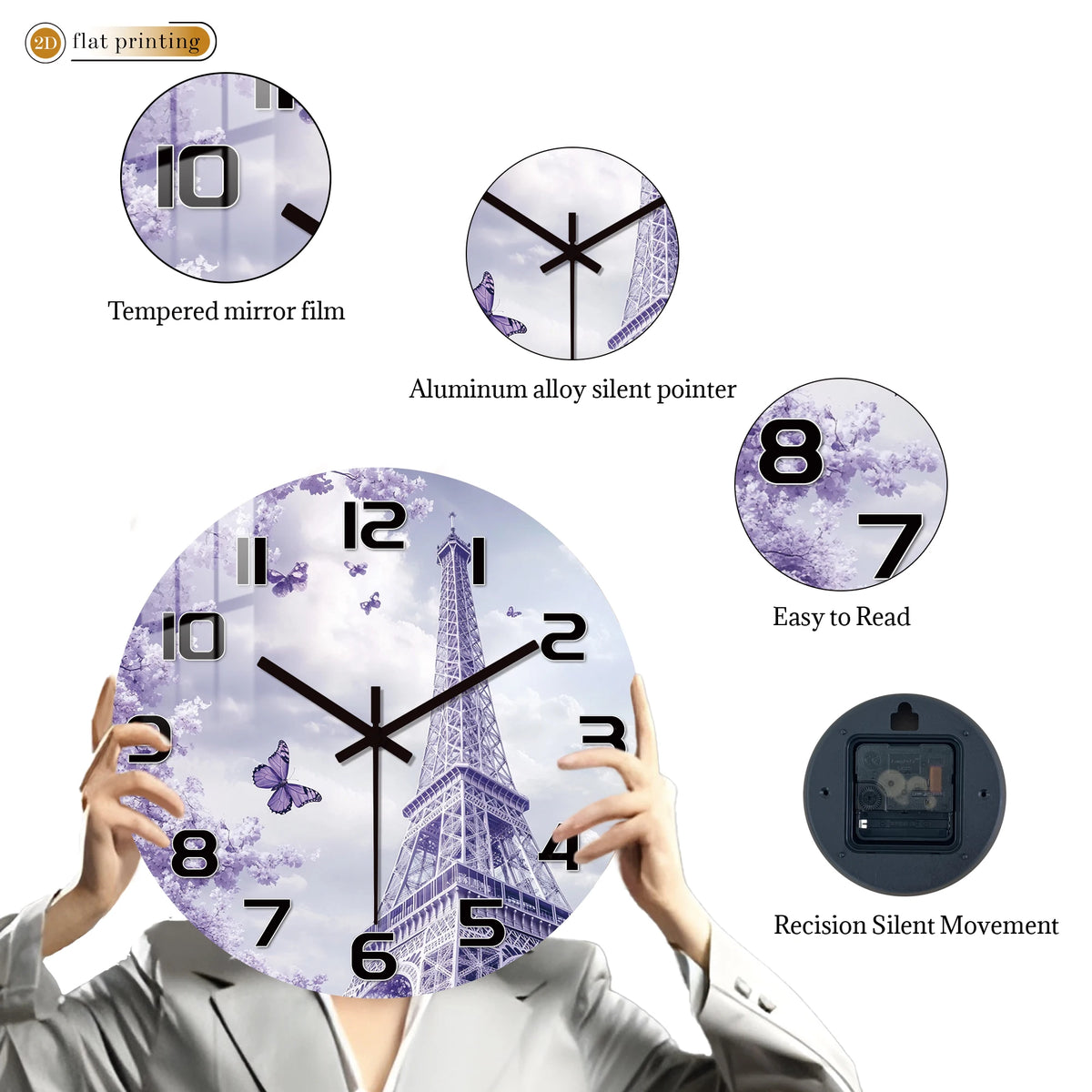Horloge Murale Tour Eiffel Fleurs Violettes Parisienne Romantique.