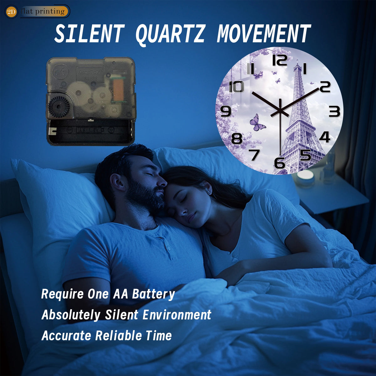 Horloge Murale Tour Eiffel Fleurs Violettes Parisienne Romantique.