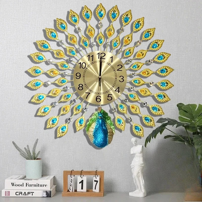Horloge Mural Métal Luxe Paon Fleur Silencieux Quartz