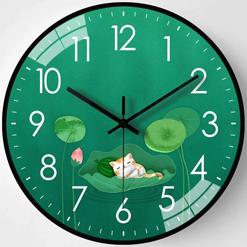 Horloge Mural Chat Feuilles Lotus Nordique Silencieuse