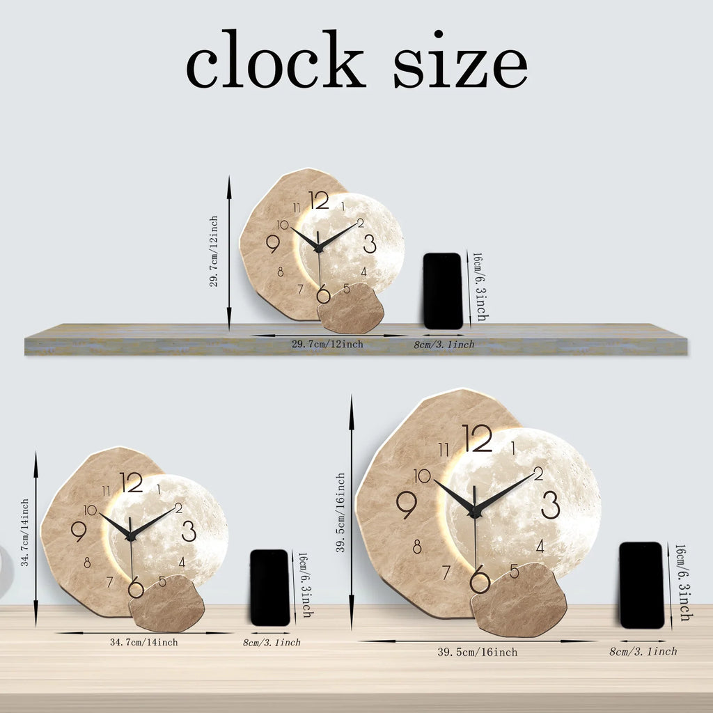Horloge Mural Moderne Silencieuse Bois Lune Quartz