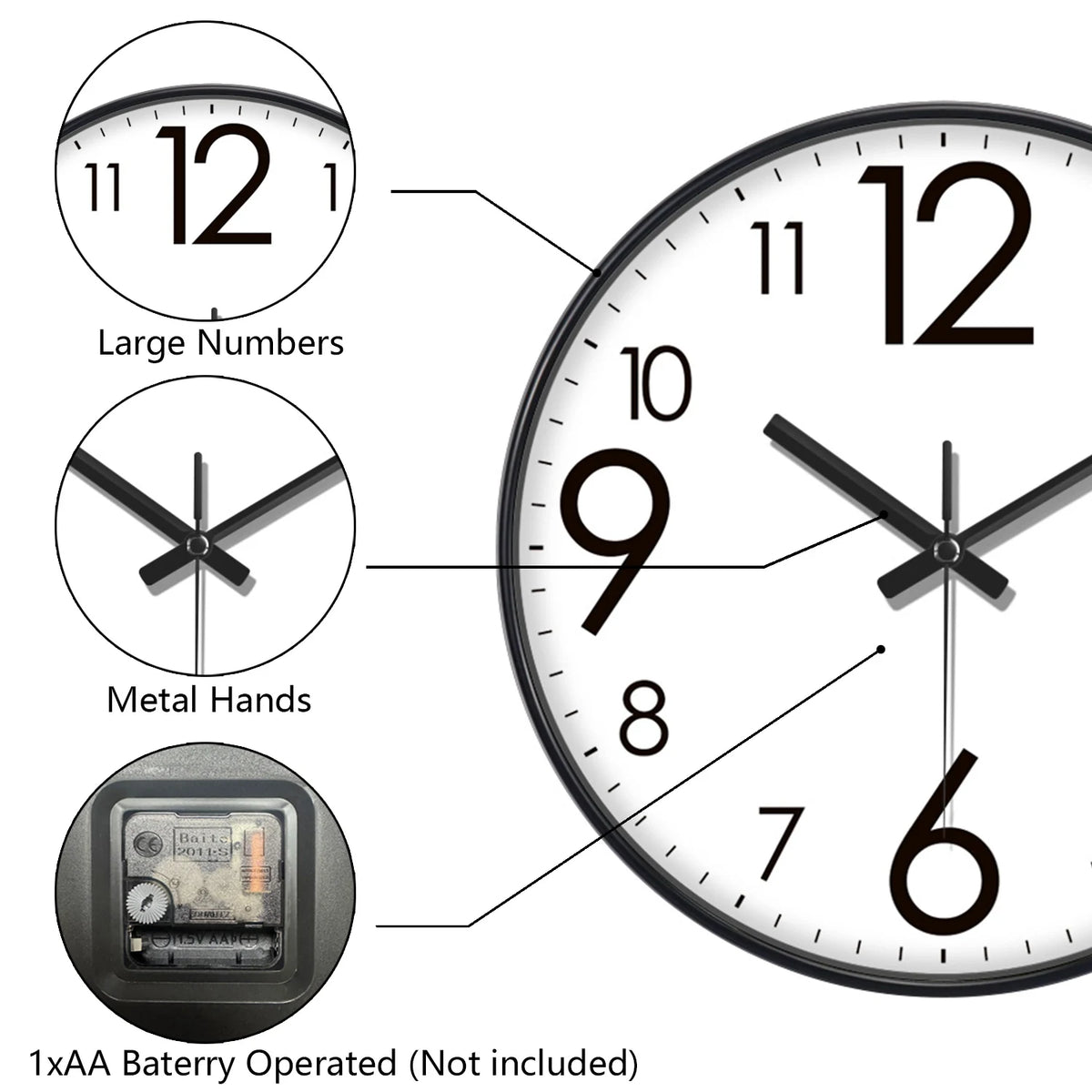 Horloge Mural Moderne Silencieuse Grands Chiffres Lisible