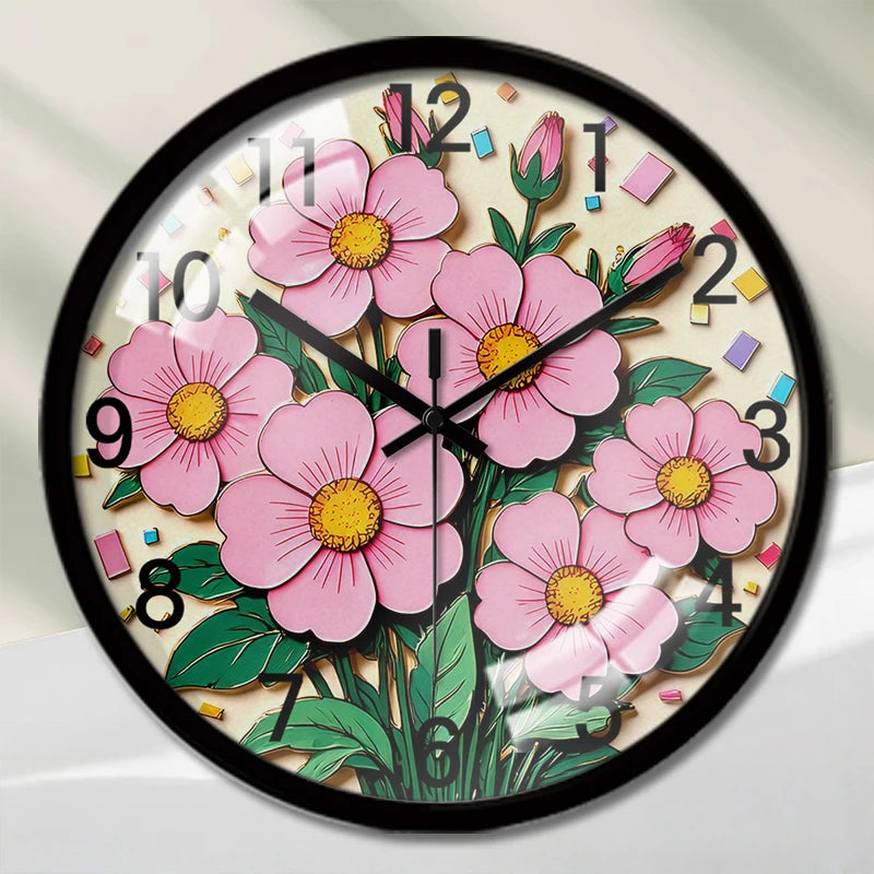 Horloge Murale Fleurs Roses Vives Cartoon Silencieuse Enfant
