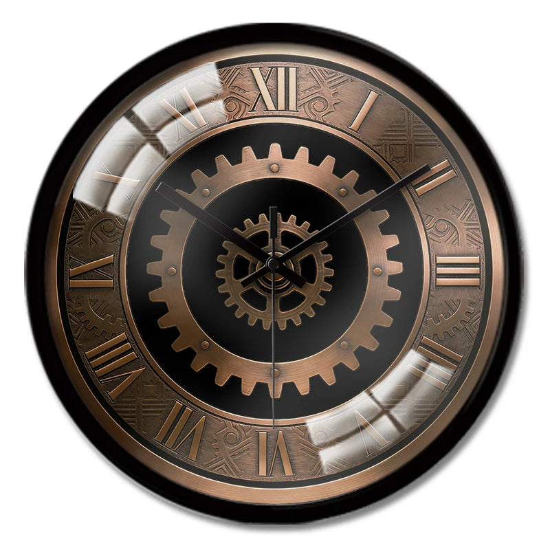 Horloge Mural Ronde Steampunk Engrenages Silencieuse Déco
