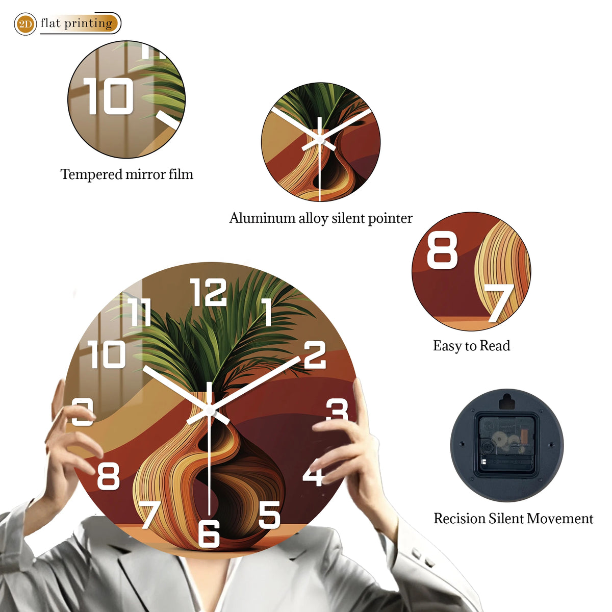 Horloge Murale Vase Torsadé Plante Verte Moderne Silencieuse