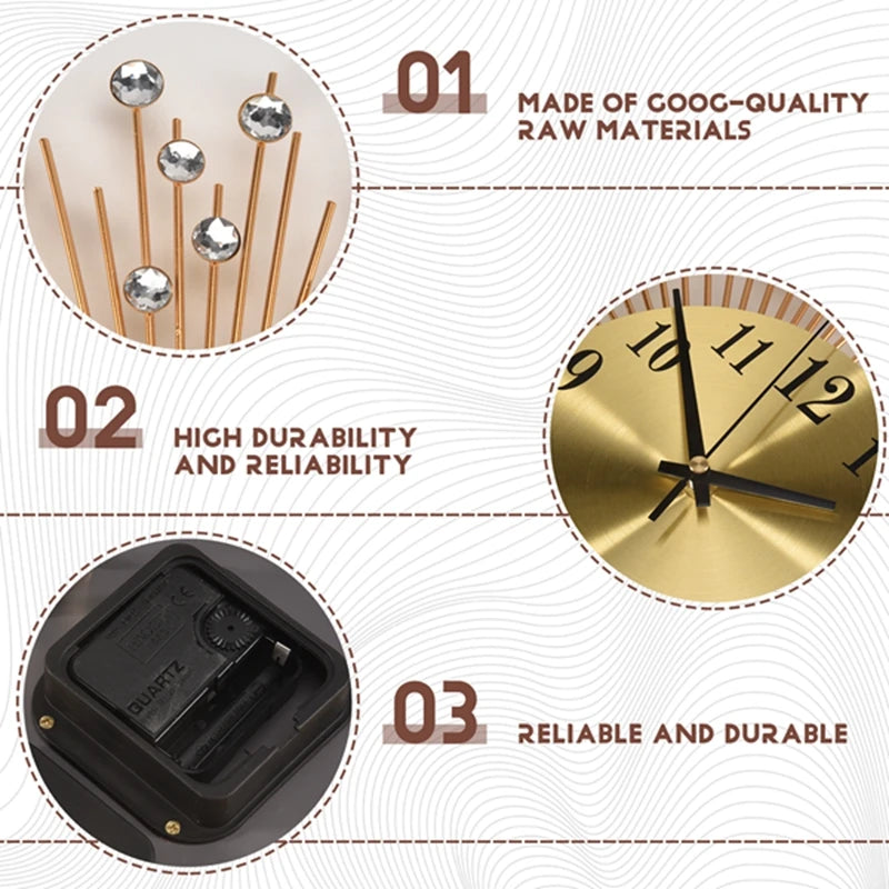 Horloge Mural Diamants Doré Métal Silencieuse Moderne Salon