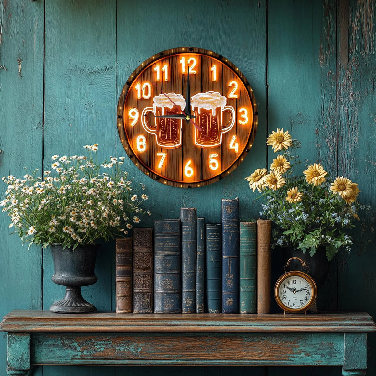 Horloge Mural Bois Rustique Chope Bière Déco Bar
