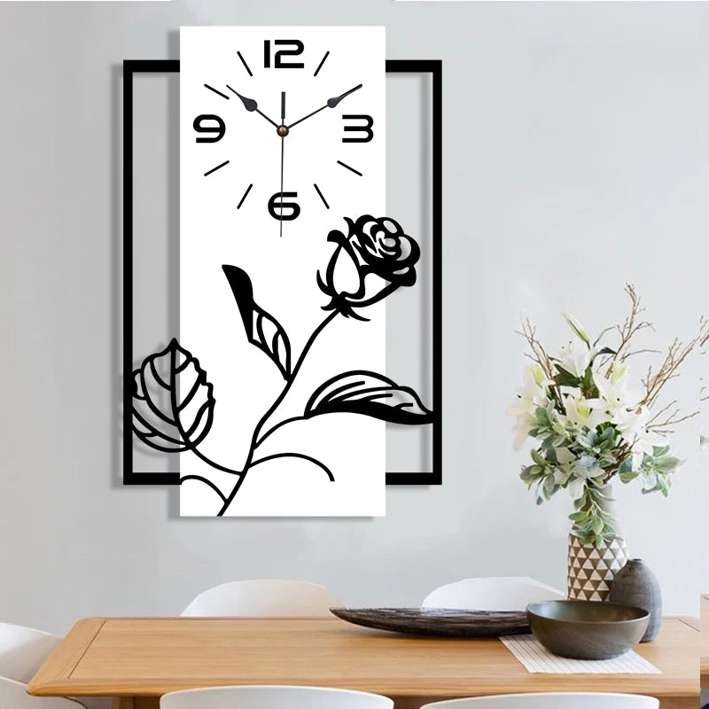 Horloge Mural Rectangulaire Silencieuse Roses 3D Moderne