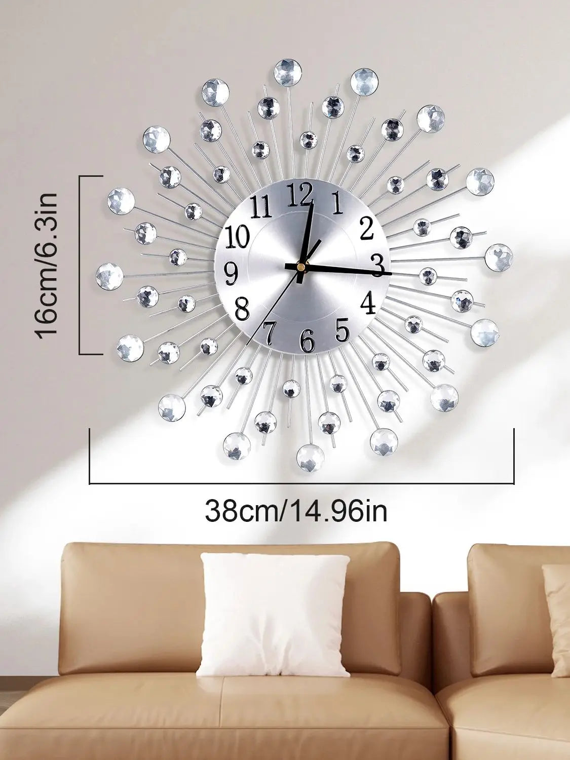 Horloge Murale Argentée Solaire Diamant Déco Européenne