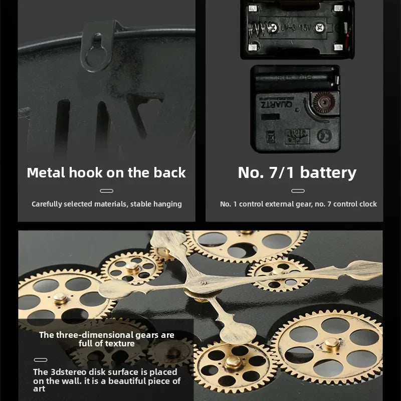 Horloge Mural Engrenages Industriels Rétro Silencieuse Grande