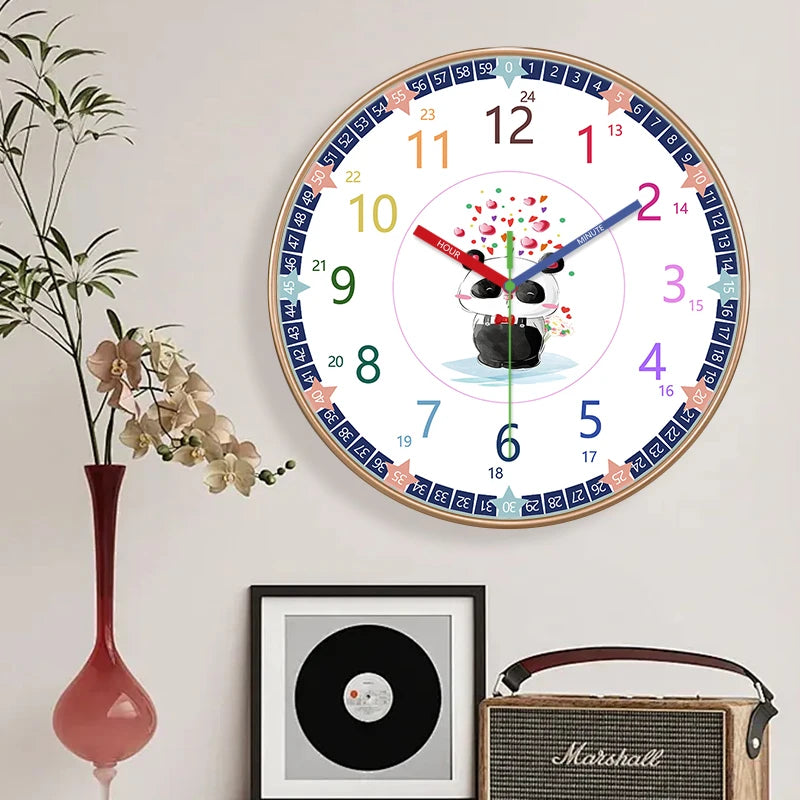 Horloge Mural Panda Enfant Chiffres Colorés Pédagogique Silencieuse