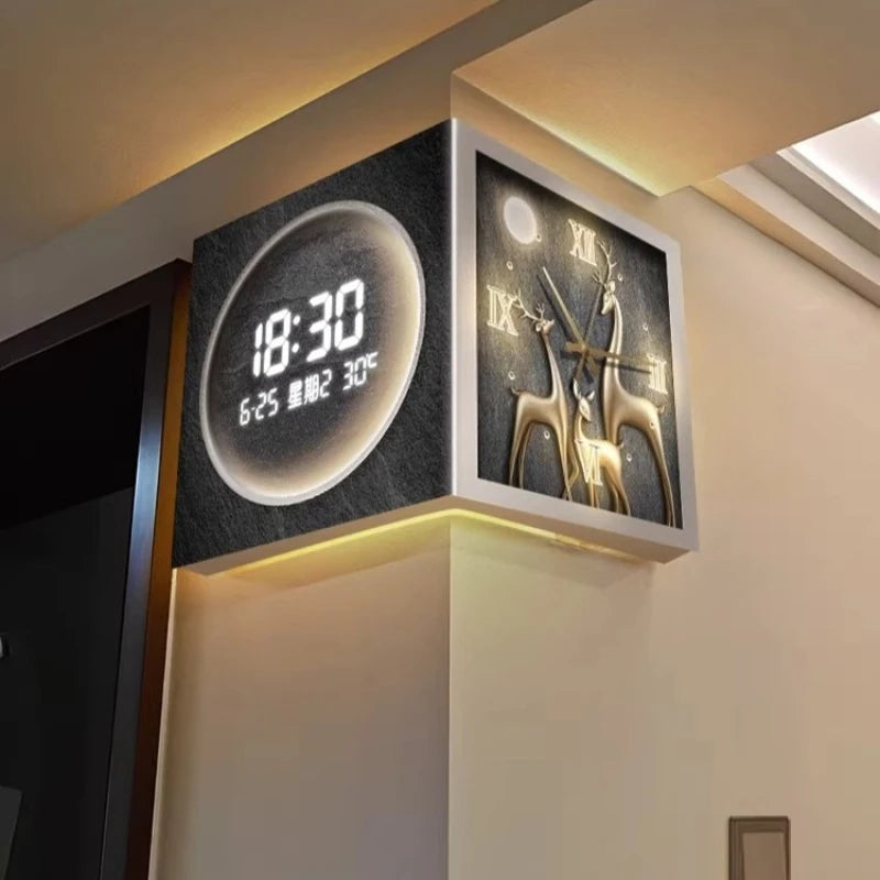 Horloge Mural D'angle Double Face LED Moderne Silencieuse.