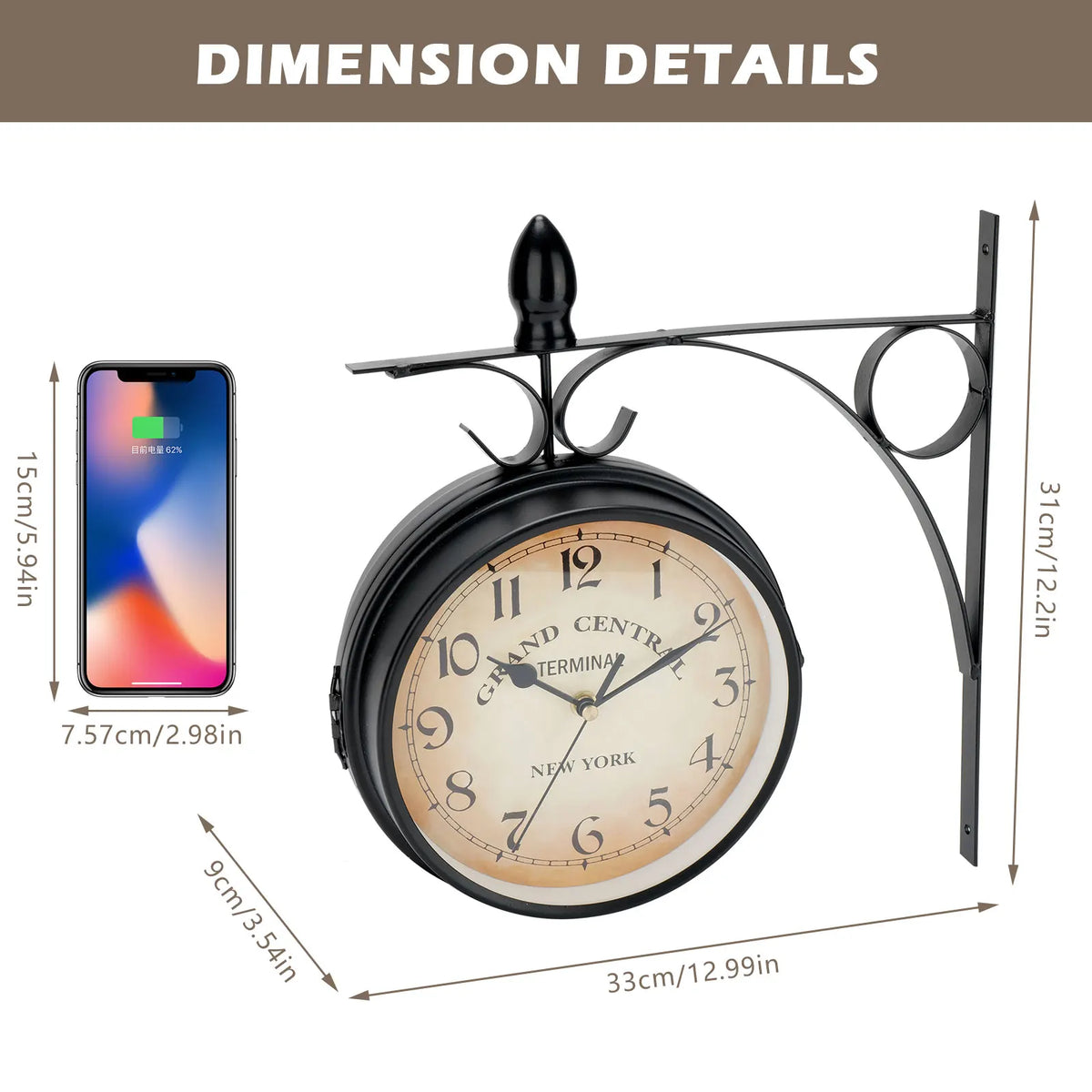 Horloge Mural Extérieur Double Face Fer Forgé Rétro