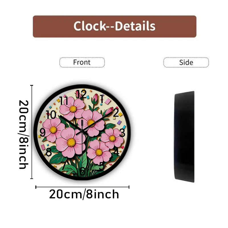 Horloge Murale Fleurs Roses Vives Cartoon Silencieuse Enfant