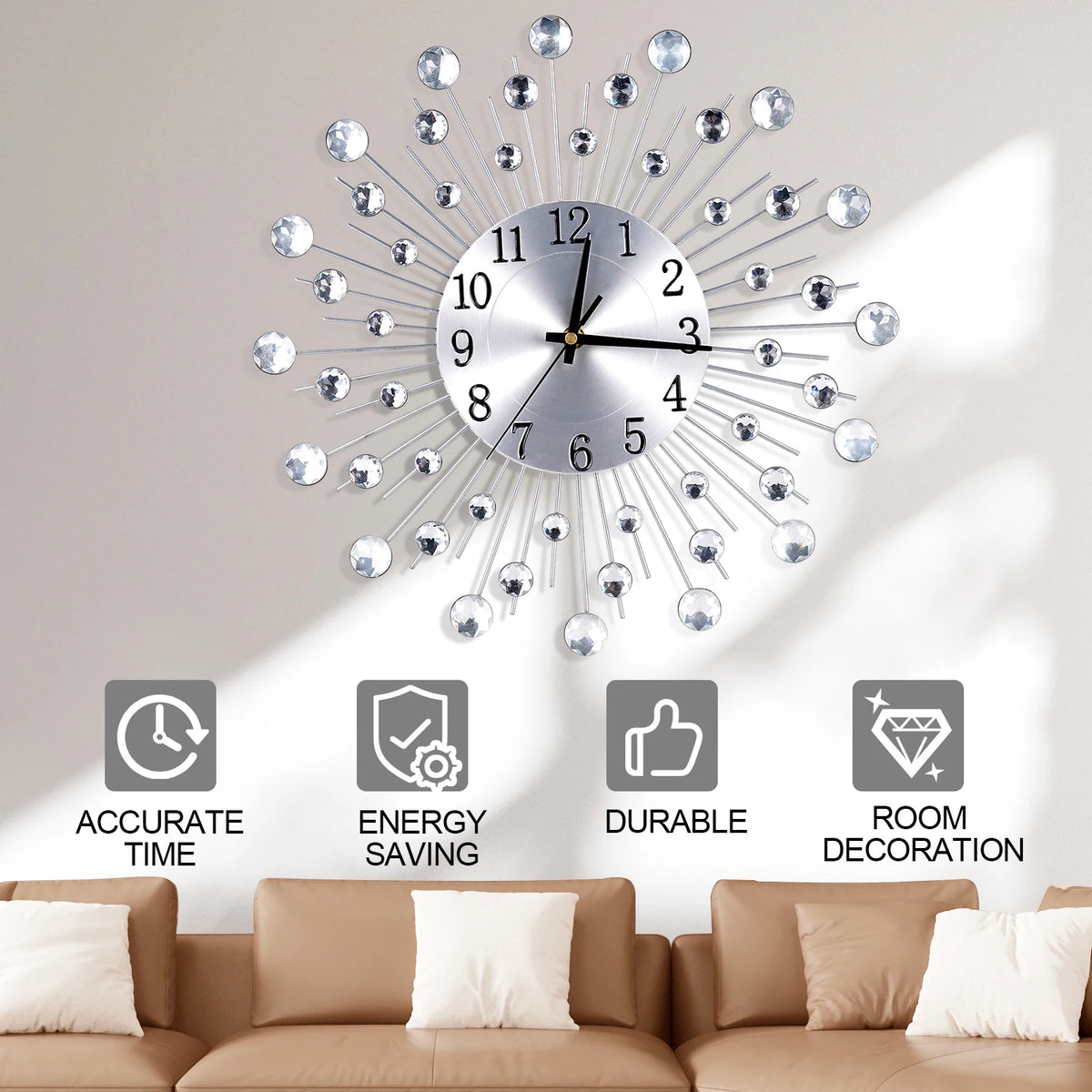 Horloge Murale Argentée Solaire Diamant Déco Européenne