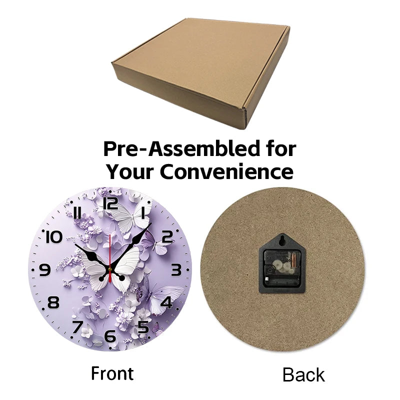Horloge Mural Bois Ronde Silencieuse Papillons Violets