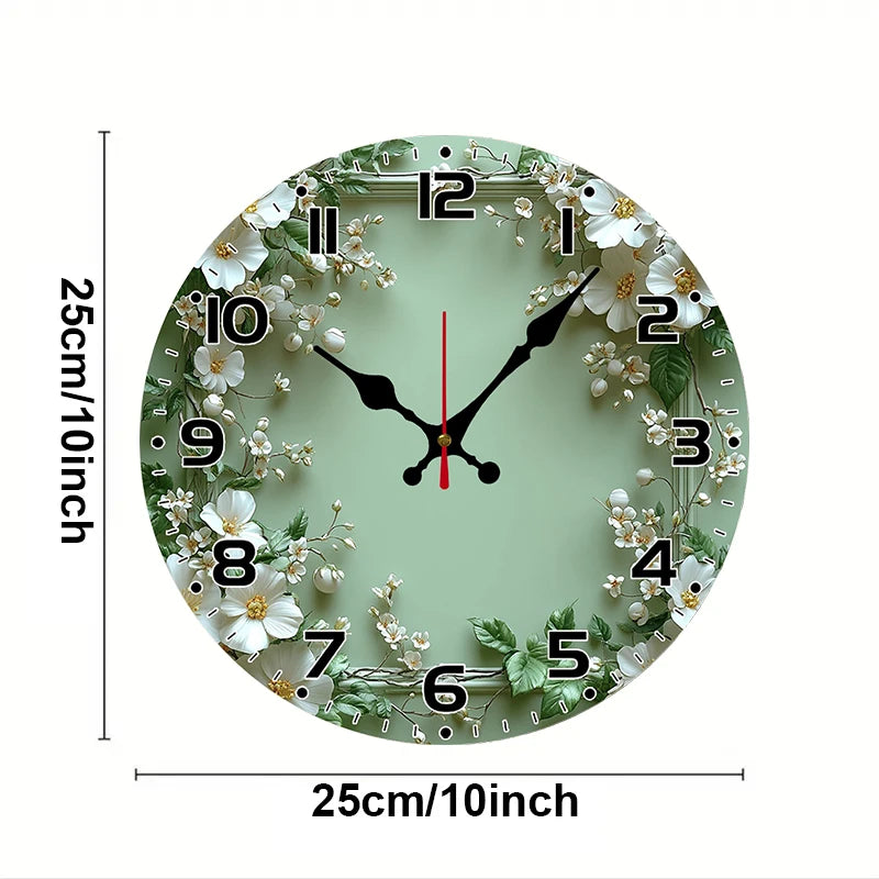 Horloge Mural Bois Ronde Couronne Verte Silencieuse Romantique
