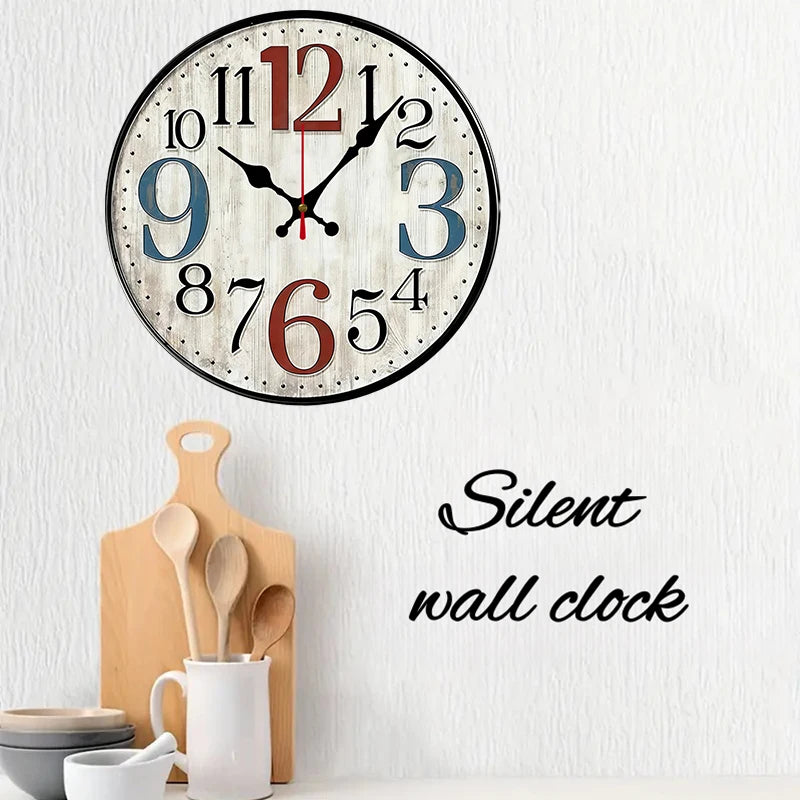 Horloge Mural Vintage Rustique Bois Silencieuse Ronde