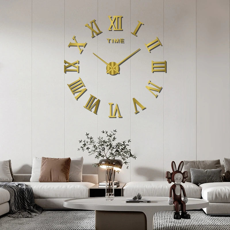 Horloge Murale Géante Chiffres Romains Miroir Acrylique 3D