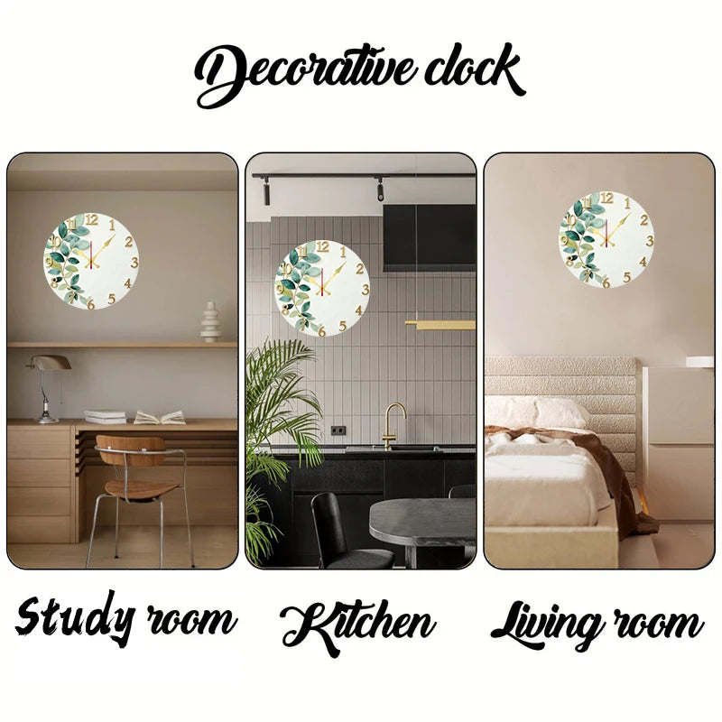 Horloge Mural Bois Ronde Silencieuse Feuille Verte Déco.
