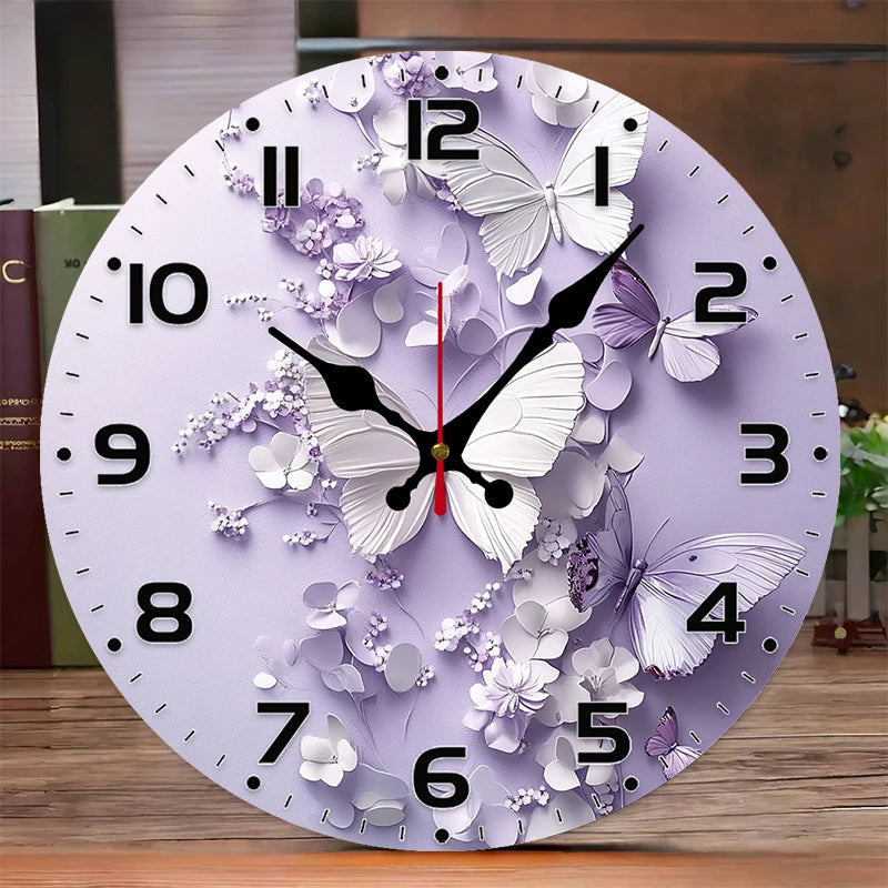 Horloge Mural Bois Ronde Silencieuse Papillons Violets