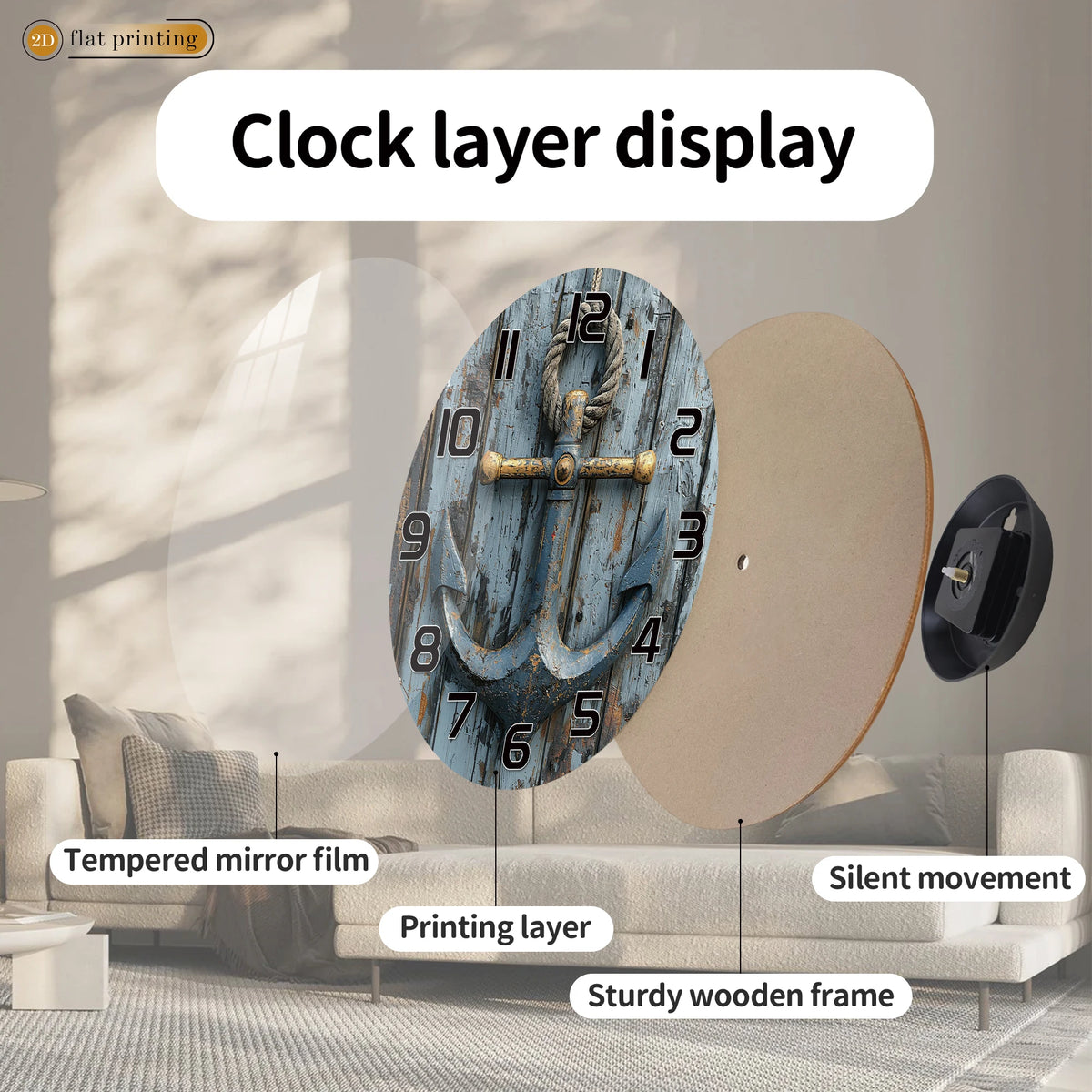 Horloge Mural Ancre Nautique Bois Rustique Décoration Marine