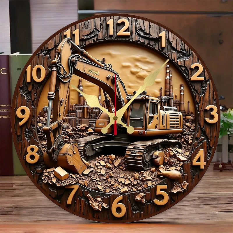 Horloge Mural Bois Excavatrice Industrielle Silencieuse Déco