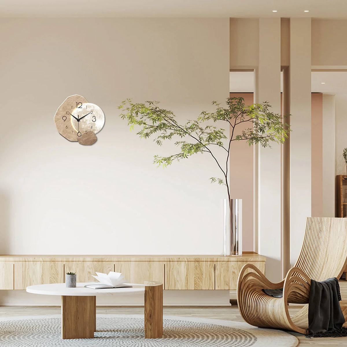 Horloge Murale Moderne Silencieuse Bois Design Lune