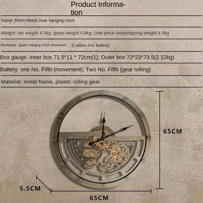 Horloge Murale Géante Rétro Industrielle Métal Silencieuse Déco