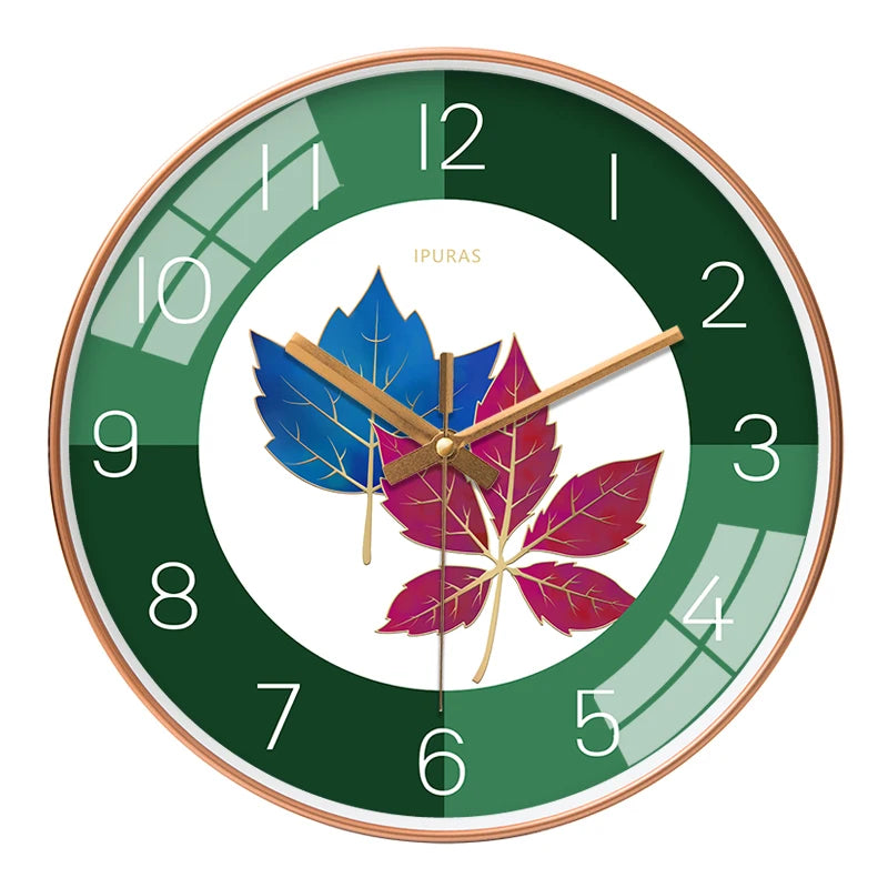 Horloge Mural Ronde Feuilles Vertes Moderne Silencieuse Salon.