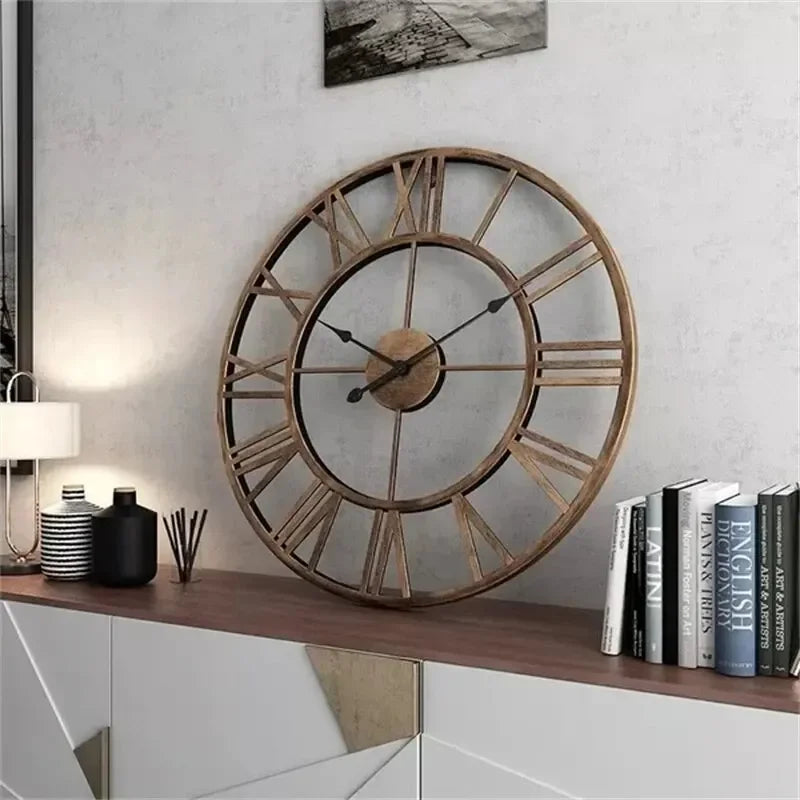 Horloge Murale Géante 3D Rétro Chiffres Romains Métal Silencieuse